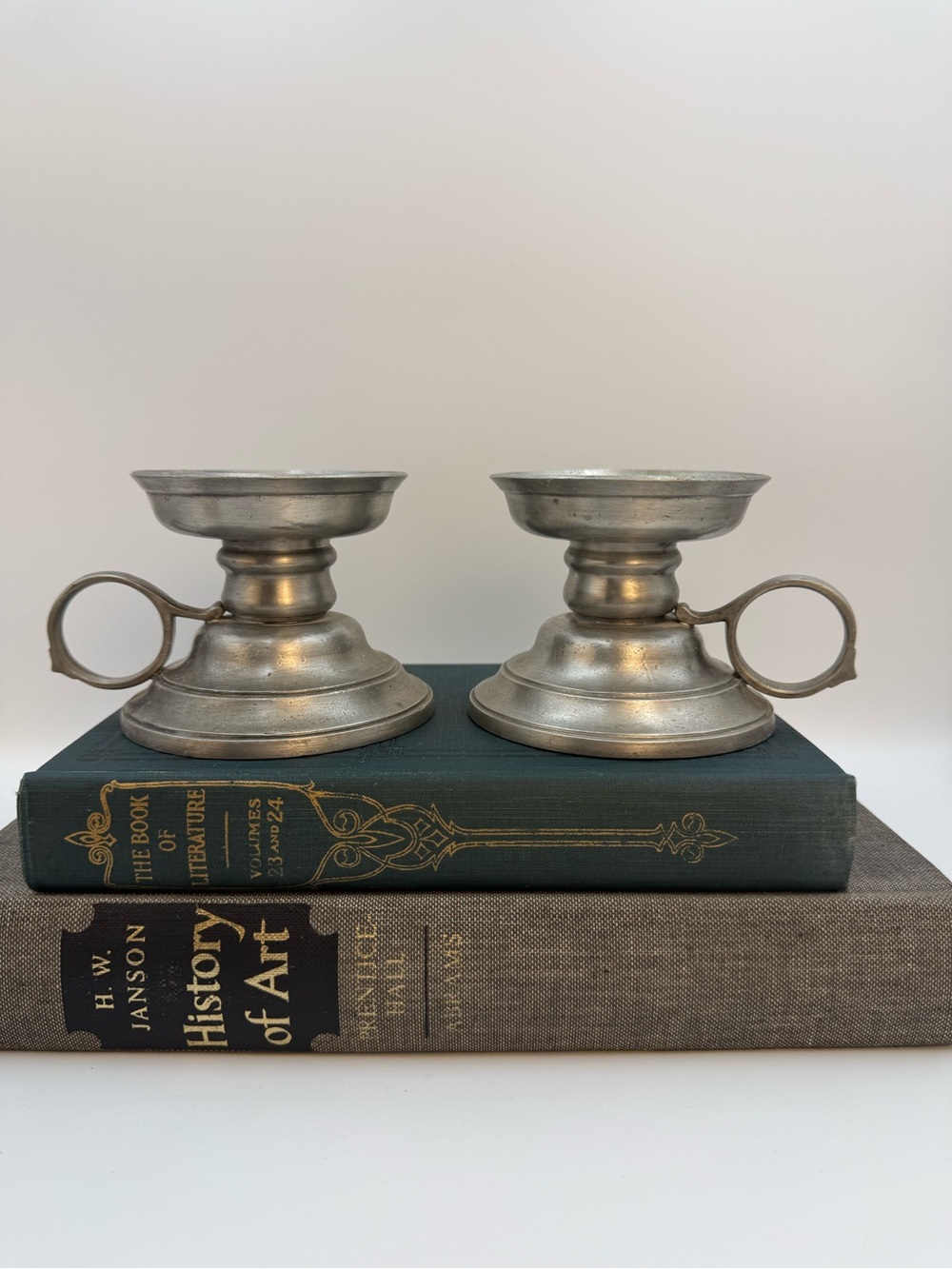 Vintage Pair of Italian Pewter Chamber Candle Holder